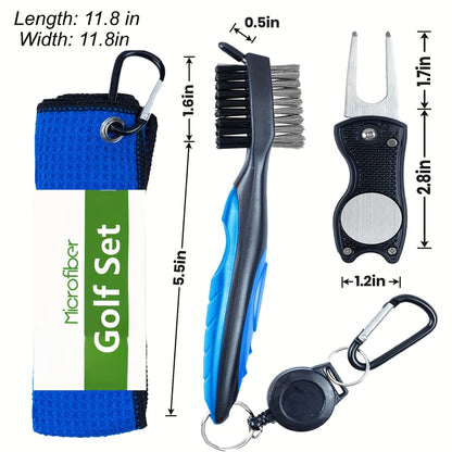 Golf Towel Set 5pcs Microfiber Waffle Towel Club Brush Divot Tool Retractable Carabiner Golf Cleaning Kit Gift for Men Women Golfers