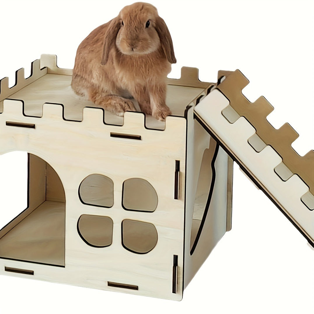 Wooden Rabbit Castle House – Detachable Solid Wood Hideout for Rabbits, Hamsters & Small Pets | Creative Splicing Toy Nest Playhouse