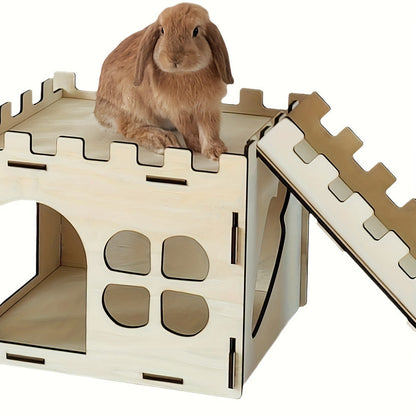 Wooden Rabbit Castle House – Detachable Solid Wood Hideout for Rabbits, Hamsters & Small Pets | Creative Splicing Toy Nest Playhouse