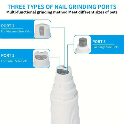 Electric Pet Nail Grinder 2-Speed 3-Port - Rechargeable Quiet Dog Cat Nail Trimmer with 3 Hour Battery Life, Painless Paw Nail Polisher for Small Medium Large Dogs All Breeds, White