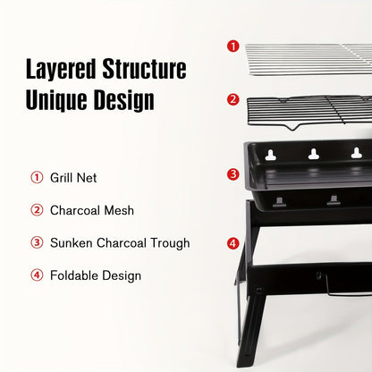Portable Folding Charcoal Grill Smokeless BBQ Grill for Camping Picnic Backyard Garden Patio Outdoor Cooking Compact Durable Iron Barbecue Grill