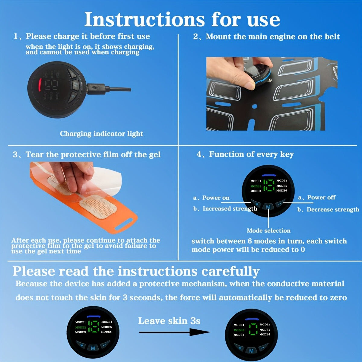 EMS Muscle Stimulator Fitness Belt 3-Piece Set 6 Modes 18 Intensity Levels USB Rechargeable Full Body Relaxation Massager