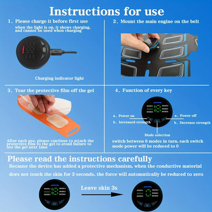 EMS Muscle Stimulator Fitness Belt 3-Piece Set 6 Modes 18 Intensity Levels USB Rechargeable Full Body Relaxation Massager