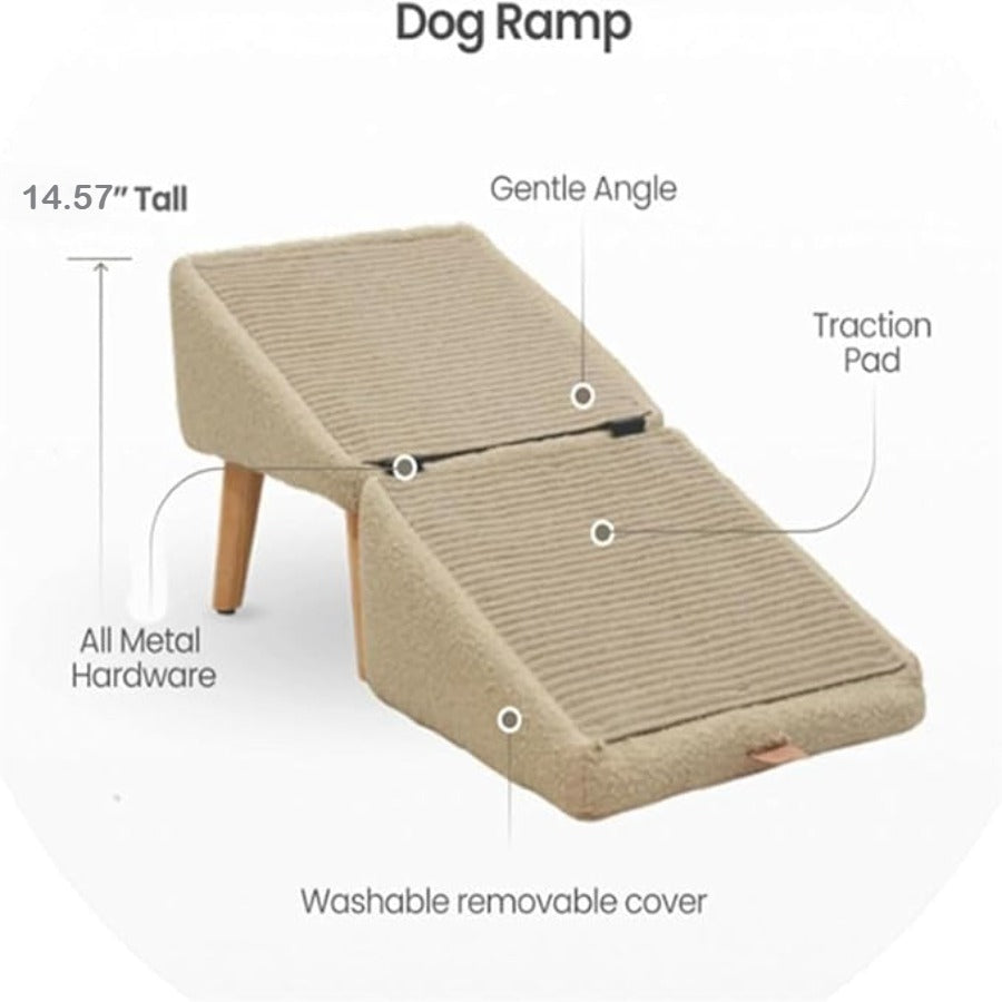Dog Ramp 2-in-1 Foldable Ottoman Pet Stairs for Sofa Bed, Solid Wood Frame Heavy-Duty Small Dog Steps with Anti-Scratch Rounded Edges, Space-Saving Folding Pet Ramp Footrest, Black & Khaki