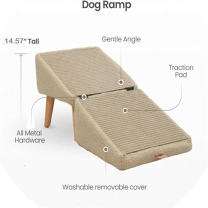 Dog Ramp 2-in-1 Foldable Ottoman Pet Stairs for Sofa Bed, Solid Wood Frame Heavy-Duty Small Dog Steps with Anti-Scratch Rounded Edges, Space-Saving Folding Pet Ramp Footrest, Black & Khaki