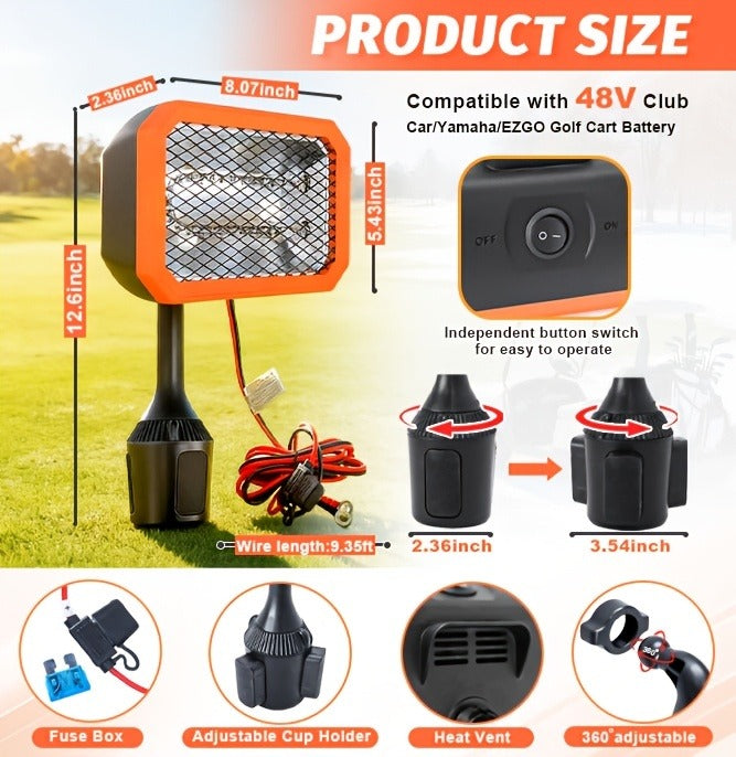 400W Electric Golf Cart Heater Carbon Fiber Fast Heating 360° Adjustable Angle Battery Powered Portable Heater with Cup Holder Adapter Compatible with 48V Golf Cart Systems Golf Cart Accessories