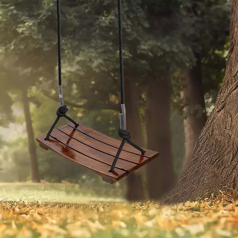Solid Wood Outdoor Swing Seat 440LBS Capacity Adjustable Rope Length Single Seat Tree Swing for Kids Adults Backyard Garden Patio Hanging Rope Swing