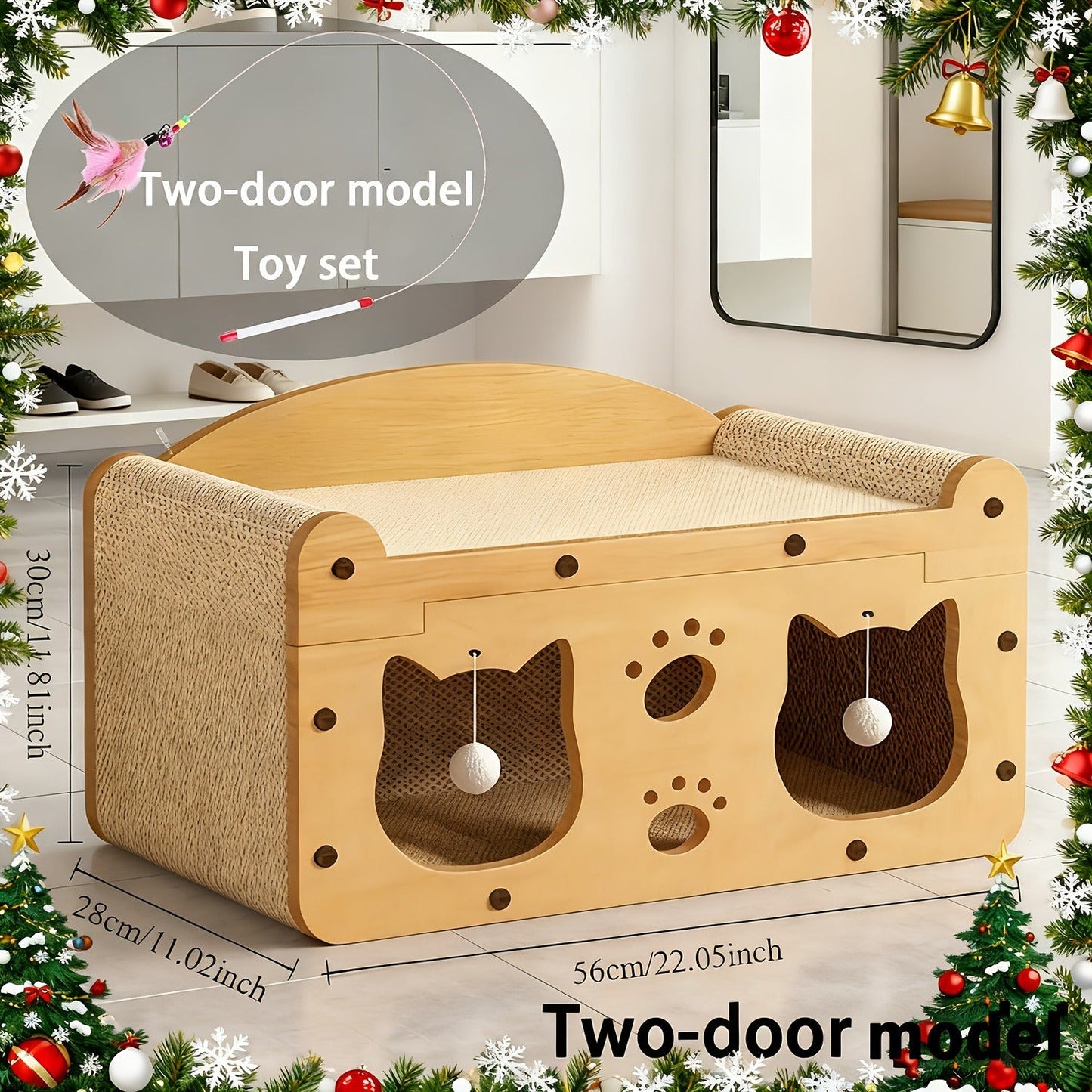 Large Cat House with Scratcher Pad & Plush Ball Toys, Ventilated Multi-Functional Indoor Outdoor Cat Shelter, Easy Assembly Single Door Double Door Luxury Double-Layer Cat Condo, Festival Gift