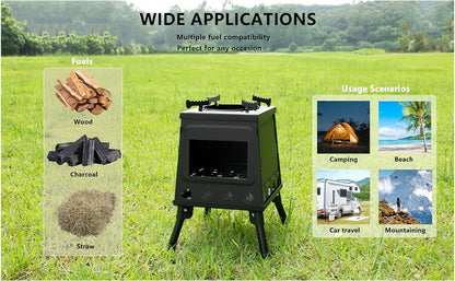 Wood Burning Campfire Stove – Heavy Duty Outdoor Camp Stove with Sturdy Legs & Air Vents for Hiking Backpacking Picnic BBQ Travel