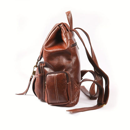 Vintage PU Leather Backpack Shoulder Satchel Multi-Carry Water Resistant Geometric Pattern Zipper Adjustable Strap for Men Women School Travel