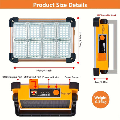Solar Rechargeable LED Floodlight Flashlight, IP44 Waterproof 4500 Lumens Ultra-Bright Portable Camp Light, USB & Solar Dual Charging 2200mAh, 4 Modes Indoor Outdoor Lighting for Camping, Fishing & Car Maintenance