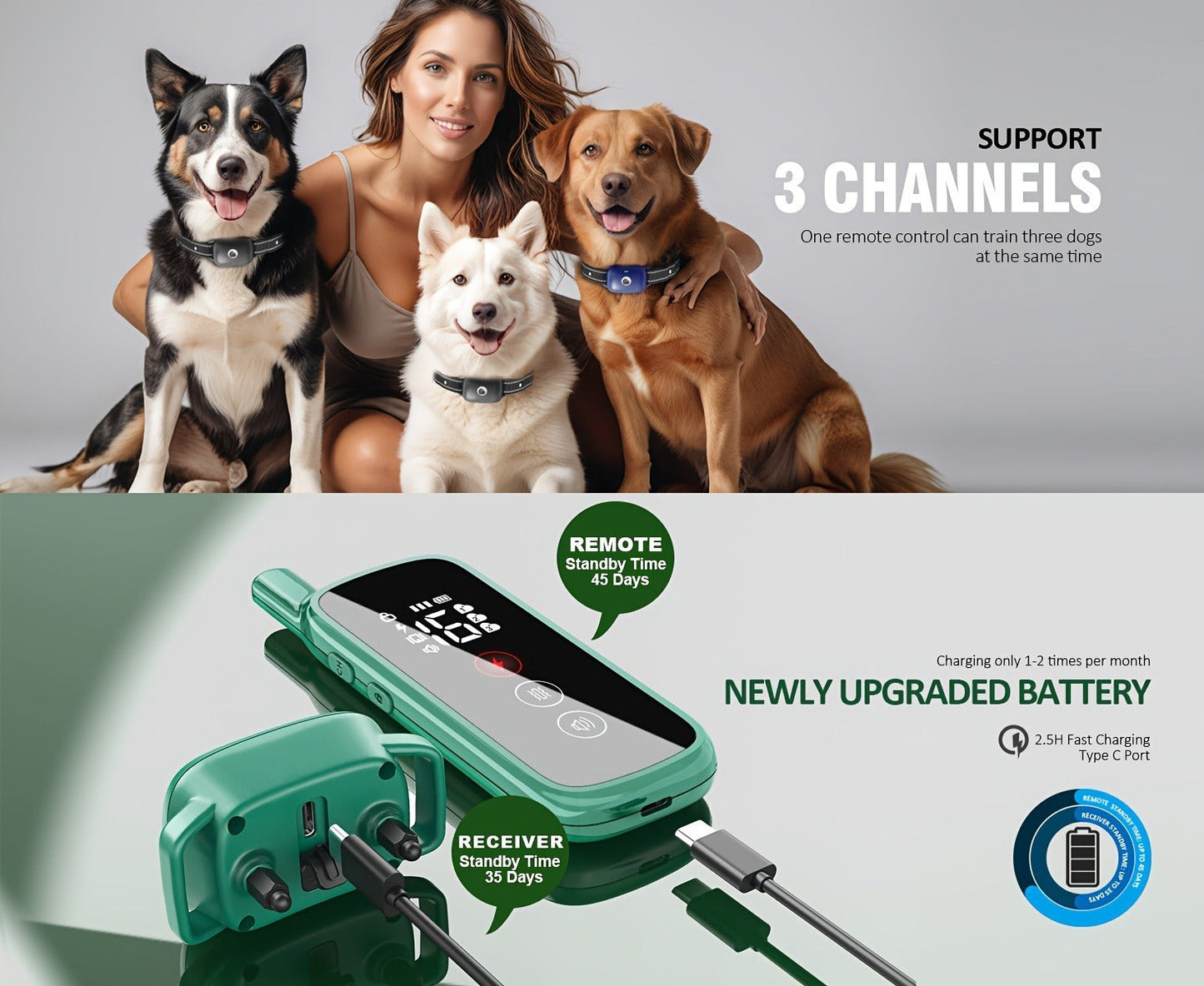 Smart Dog Training Collar with Remote - 3 Training Modes with Training Icons Electric Shock Collar Receiver Function for Large & Medium Dogs 2 Dog or 3 Dog Sets