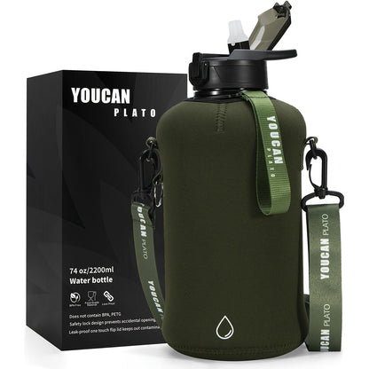 Half Gallon Water Bottle 74oz with Insulated Sleeve, Straw & Time Marker – BPA Free Leakproof Large Sports Jug with Carrying Handle & Strap for Gym, Fitness & Outdoor