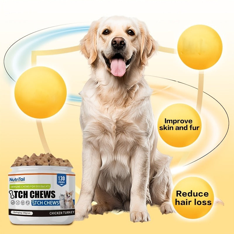 Pet Soft Chews for Skin & Hair, Probiotics & Calming - 200g / 130 Chewable Tablets, Moisturizes Skin, Maintains Coat, Supports Gut Health & Quiet Moments, Suitable for Dogs & Cats All Breeds