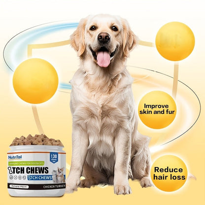 Pet Soft Chews for Skin & Hair, Probiotics & Calming - 200g / 130 Chewable Tablets, Moisturizes Skin, Maintains Coat, Supports Gut Health & Quiet Moments, Suitable for Dogs & Cats All Breeds