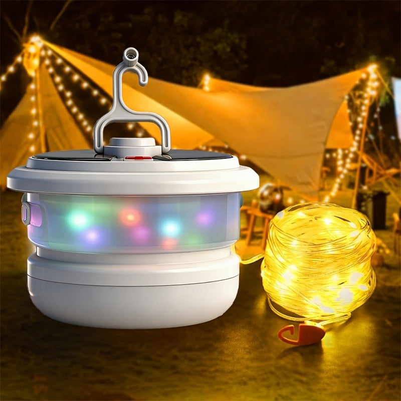 Solar Camping Lantern with Retractable String Lights – 2-in-1 LED Tent Light, 6 Modes, USB-C & Solar Rechargeable, Hand Crank, 10M String Lights, Portable Outdoor Camping Light for Camping, Patio & Emergency