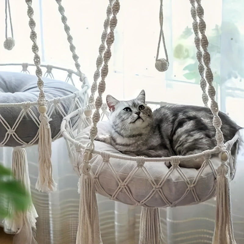 Hand-Woven Rope Cat Hammock & Swing Bed – Indoor Cat Nest Basket for 1-2 Cats, 11.81" & 15.75" Diameter