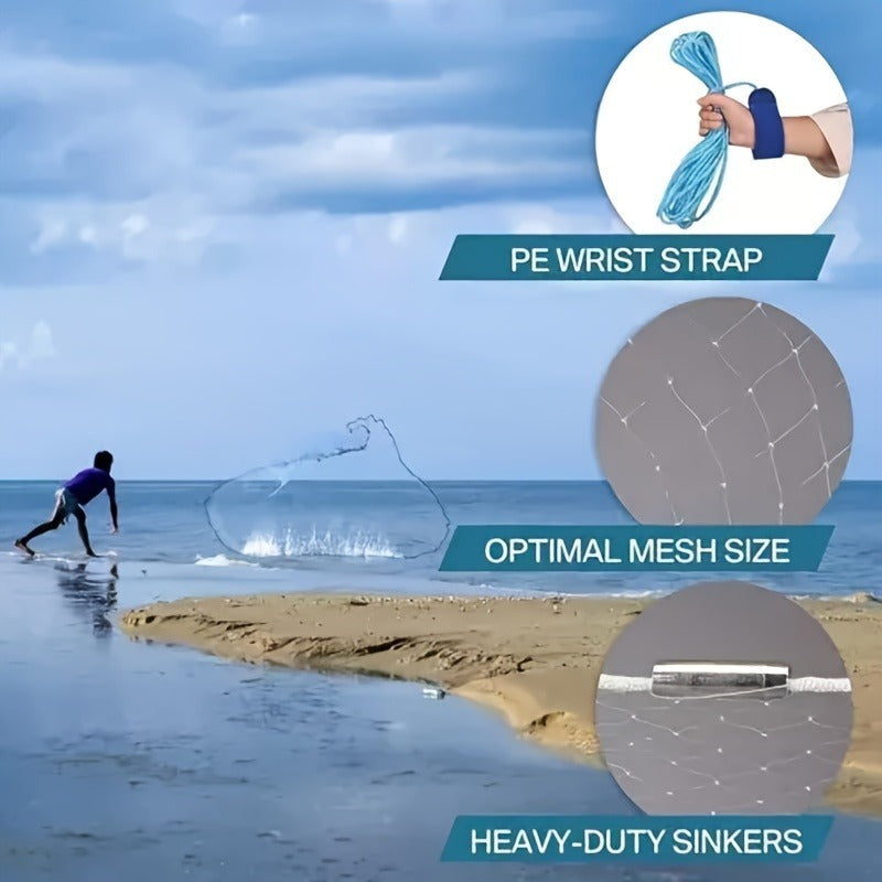 Throw Cast Net 8FT 10FT Transparent Thread Nylon Mesh 3/8in, Galvanized Zinc Sinkers 26ft PE Braid Hand Line No-Ring Design for Shrimp Bait Trapping Pond River Saltwater Fishing