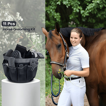 Horse Grooming Kit 11-Piece Set with Storage Bag – Complete Beginner & Daily Care Set with Curry Comb, Reversible Brush & Braiding Tools | SEAOTTER Professional Equine Grooming Supplies, Black