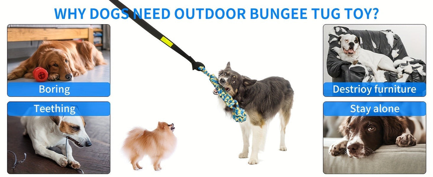 Bungee Dog Tug Toy Outdoor Hanging from Tree Height Adjustable 19.7 Ft Elastic Cord Tether with Chew Rope - Solo & Interactive Exercise Play for All Dog Breeds Small to Large