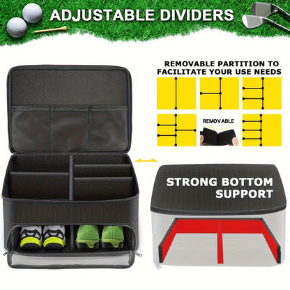 Golf Organizer Storage Box with Compartments and Mesh Pockets Durable Golf Accessory Case for Golf Balls Shoes Gloves Tees and Essentials