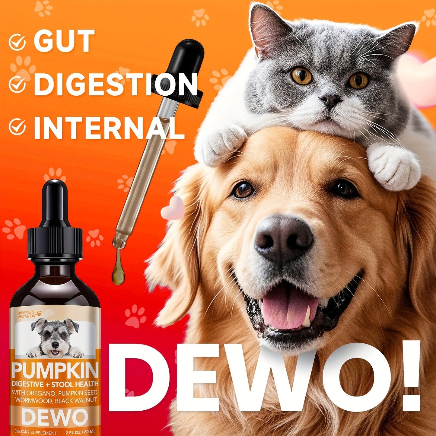 Pet Gut Wellness Drops with Black Walnut & Pumpkin Seed - Digestive Supplement for Dogs & Cats, Flora Balance, Intestinal Cleanliness & Overall Vitality, Natural Formula, 2 fl oz