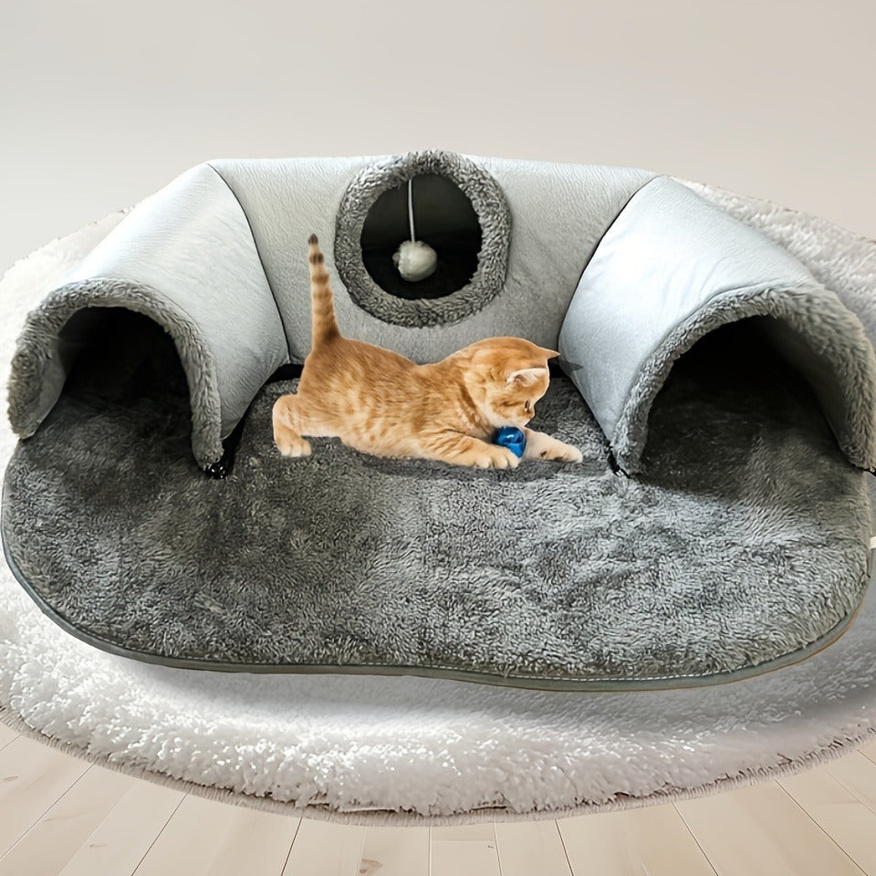 Cat Tunnel Bed 3-in-1 Play Mat & Warm Nest with Non-Slip Base, Durable Chew-Resistant Polyester Cat Bed for Indoor Cats, Soft Gray White Design, S & M Sizes for Cats Rabbits Hamsters