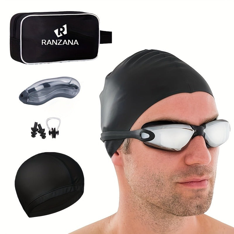 Swimming Goggles 6pcs Set with Cap Nose Clip Earplugs & Storage Bag – UV Protection Anti-Fog Adult Racing Swim Goggles Bundle, Silver-Coated Black Lens, Waterproof PU Swim Cap Included