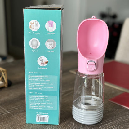Portable Dog Water Bottle with Food Storage - Leakproof 2-in-1 Pet Travel Bottle for Hiking, Walking & Outdoor Activities, Water Only or Water + Grain Combo, Green / Pink / White