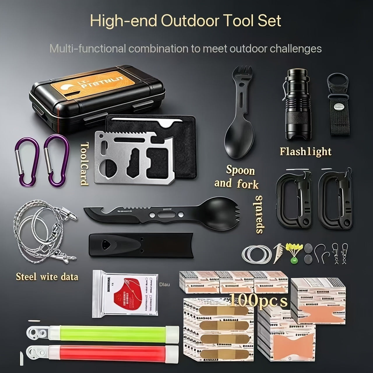 Outdoor Survival Kit 12-115 Piece – Emergency Gear Set for Camping, Hiking & Survival, Multi-Tool Equipment for Men, Dad, Husband – Unique Outdoor Gift Idea