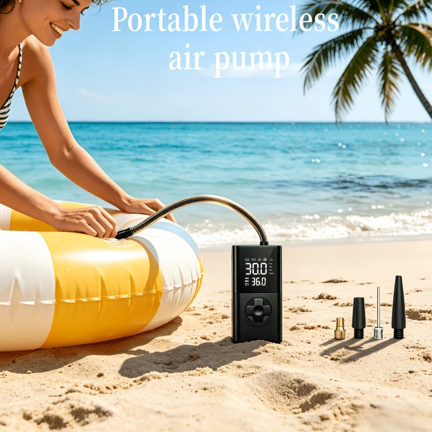 Portable Wireless Tire Inflator Air Compressor Digital Display Fast Pump Lithium Battery for Car Motorcycle Bike Emergency Inflation with Nozzle Adapters