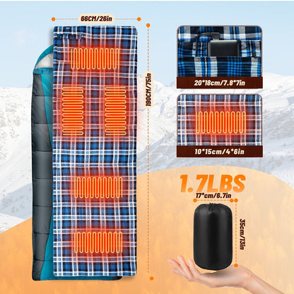 Heated Sleeping Bag Liner with 5 Heating Zones – Electric Sleeping Bag Mat, 3-Level USB Heat Control for Cold Weather Camping, Backpacking & Hiking | Blue & Red (Battery Not Included)
