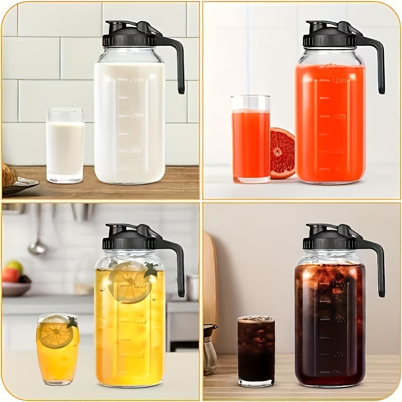 64oz Glass Pitcher with Handle – Leak-Proof Wide Mouth Mason Jar Water Jug, Pour Spout Lid, 2 Quart Portable Canteen for Camping, BBQ, Fridge & Outdoor Entertaining (2-Pack / 3-Pack)