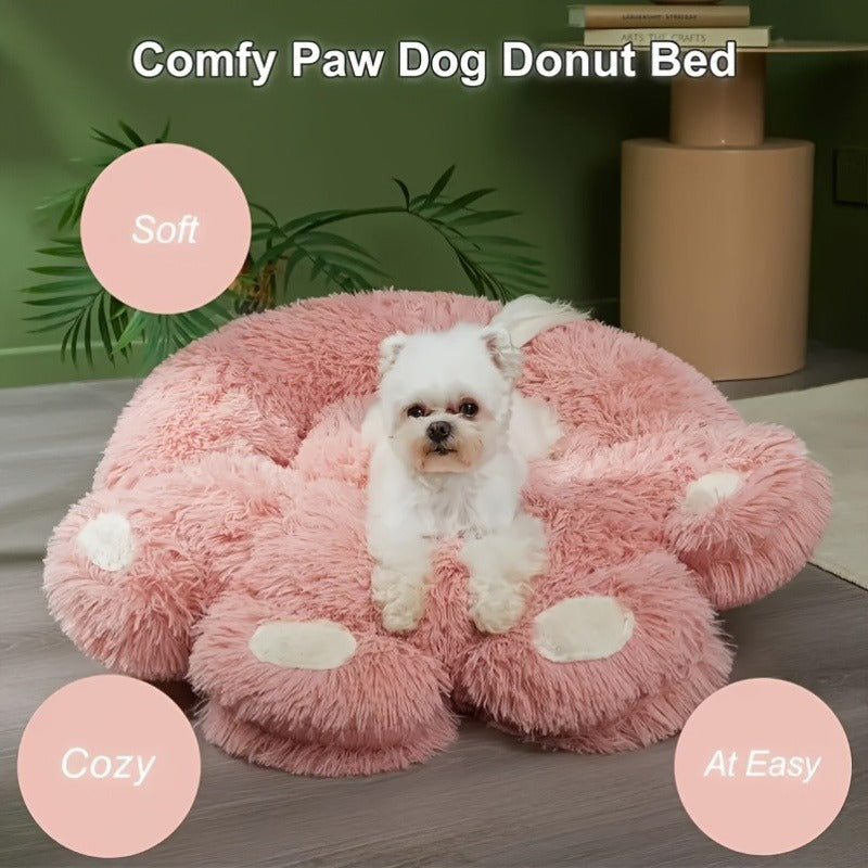 Dog Bed & Cat Bed Plush Bear Paw Print – Soft Warm Pet Bed for Small Medium Large Dogs, Thickened Long Plush, No Assembly, Autumn Winter Pet Sleeping Bed in Coffee Pink Gray