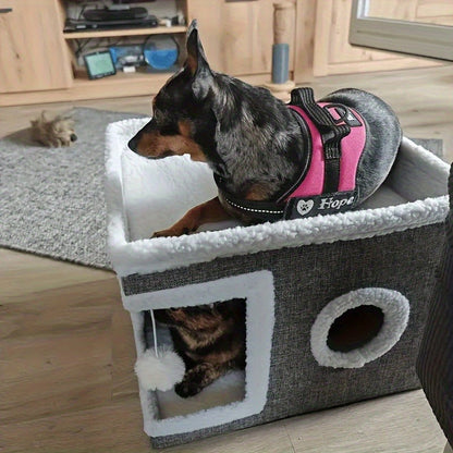 Multi-Tier Cat House & Indoor Cat Cube Bed - Foldable 2-Level Cat Tree with Scratching Post, Toy Tunnel & Plush Hanging Ball, Space-Saving Nylon Canvas Cat Furniture 16.5x16.5x13in for Small Spaces