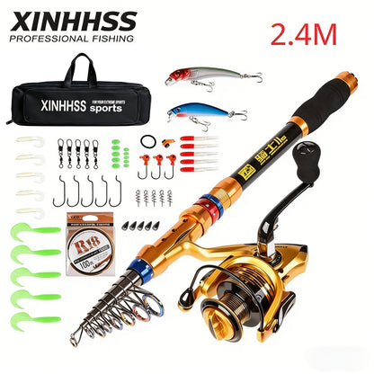 Telescopic Fishing Rod & Reel Combo – Carbon Fiber Collapsible Fishing Pole Full Kit with Carrier Bag for Travel Saltwater Freshwater Fishing, 6.89ft & 7.87ft, Silver & Gold