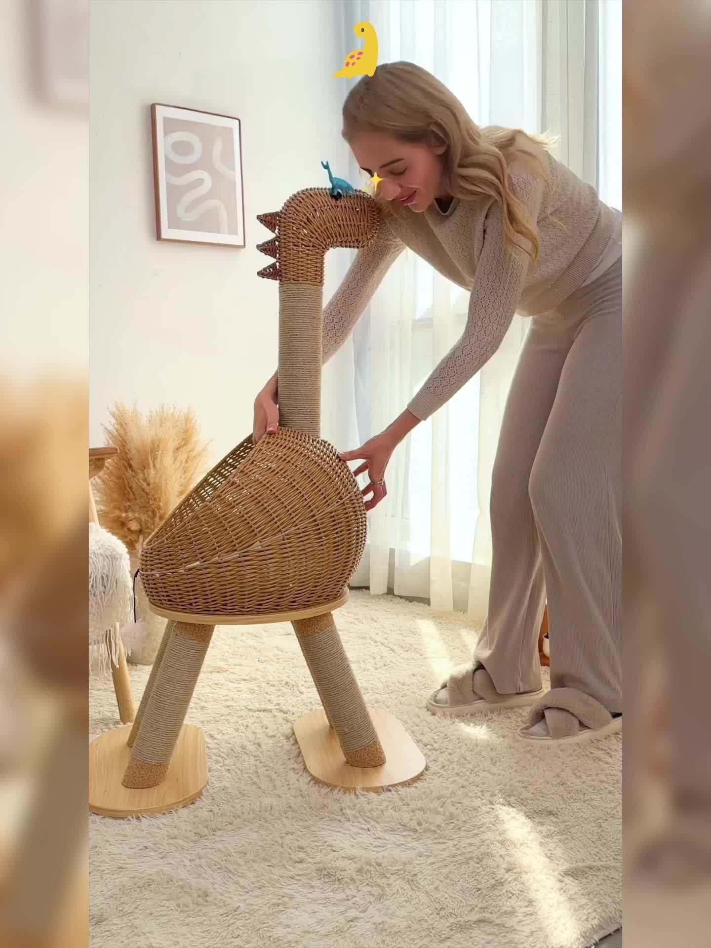 Dinosaur Cat Tree Tower 46 Inch – Large Rattan Cat House with 4 Sisal Scratching Posts, Wicker Bed & Removable Mat, Multi-Level Platform for Large Indoor Cats, Maine Coon Friendly, Brown