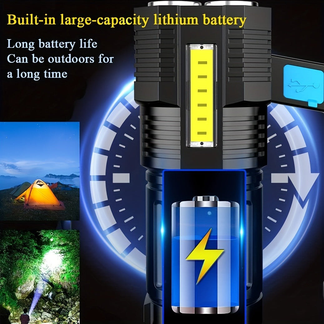 Rechargeable LED Flashlight 6-Pack - Transparent COB Side Light, 6 Modes Multifunction Handheld Torch, ABS Body for Camping, Hiking, Work & Emergency Power Outage