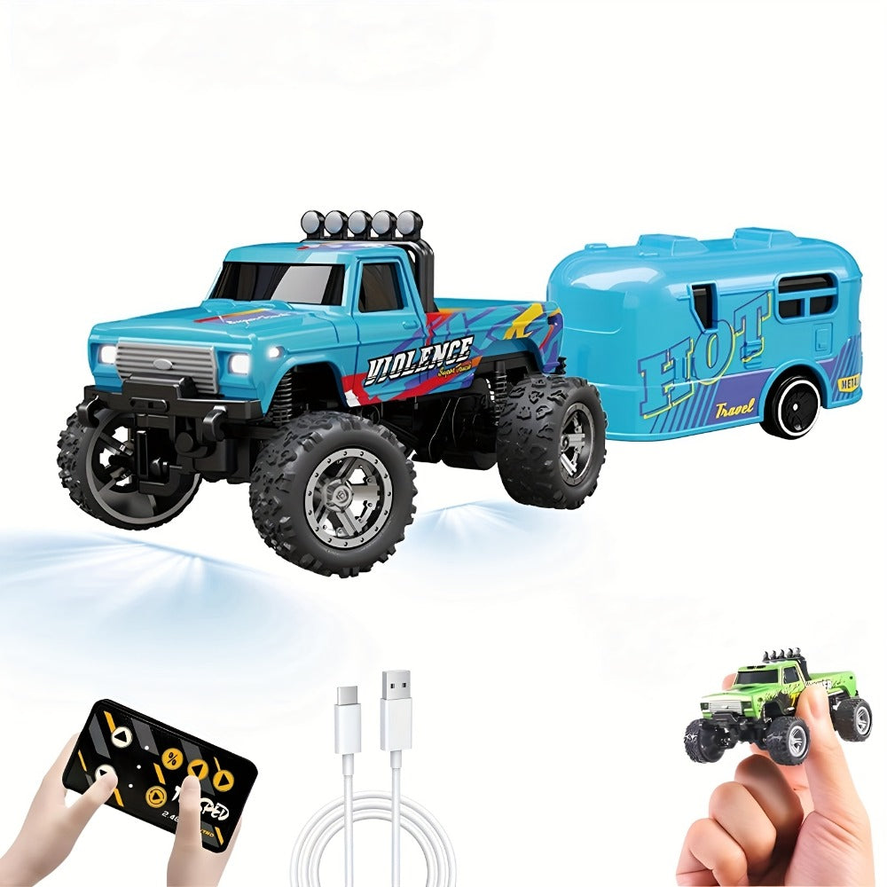 Mini RC Truck Toy 1:64 Scale 2.4GHz Off-Road Alloy Crawler with Detachable Trailer Body Lights & LED Headlights – Collectible Remote Control Truck Model Gift for Boys Girls Adults Blue Green Red