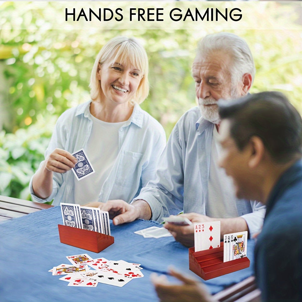 Wooden Playing Card Holder 2 Pack – Hands-Free Card Rack with 4 Slots, Holds 40 Cards Each, Fits Bridge & Poker Size, Pine Wood Card Stand for Game Night, Family Board Games & Card Games