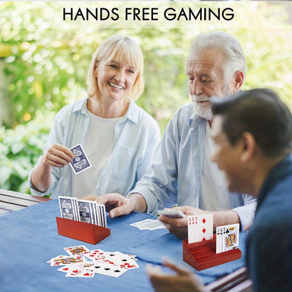 Wooden Playing Card Holder 2 Pack – Hands-Free Card Rack with 4 Slots, Holds 40 Cards Each, Fits Bridge & Poker Size, Pine Wood Card Stand for Game Night, Family Board Games & Card Games