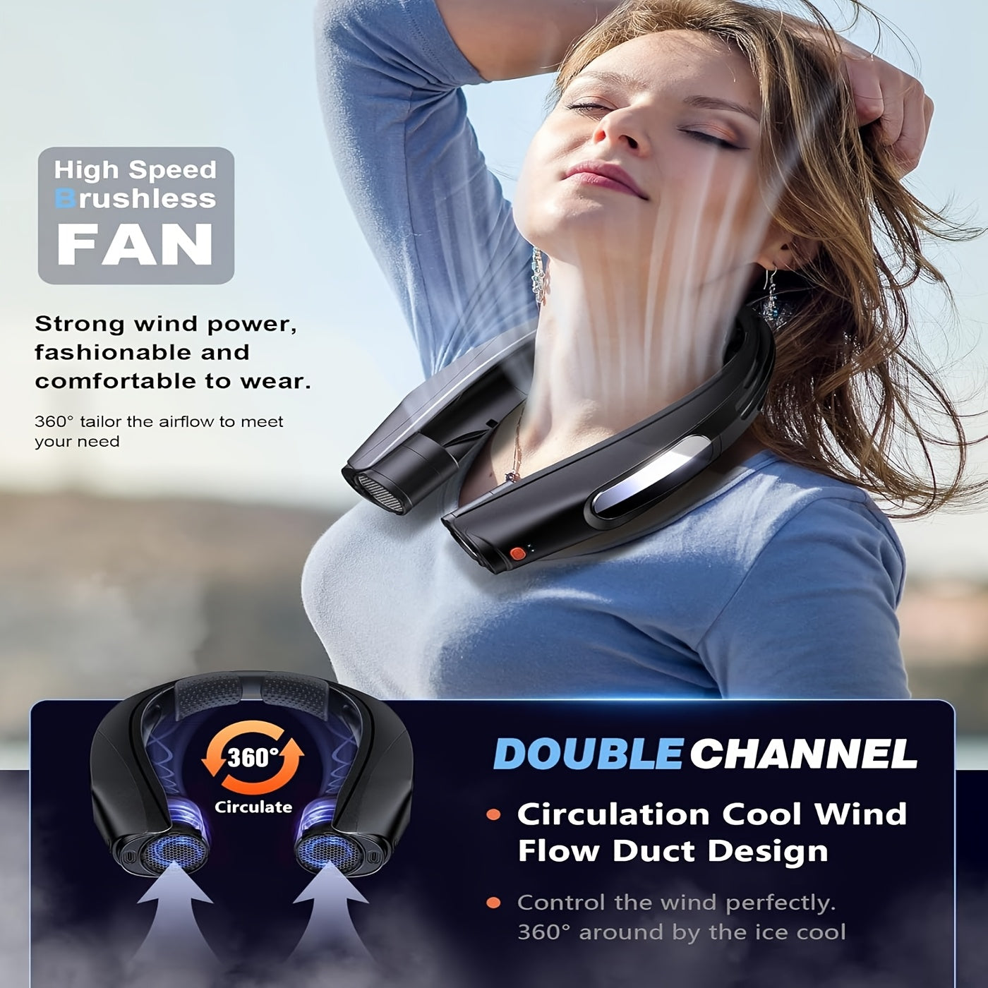 Portable Neck Fan Hands-Free Wearable Personal Fan – 3000mAh USB Rechargeable, 6 Adjustable Speeds, 5-Blade Quiet Cooling Fan for Home, Office, Outdoor & Travel, ABS Material, Push Button Control