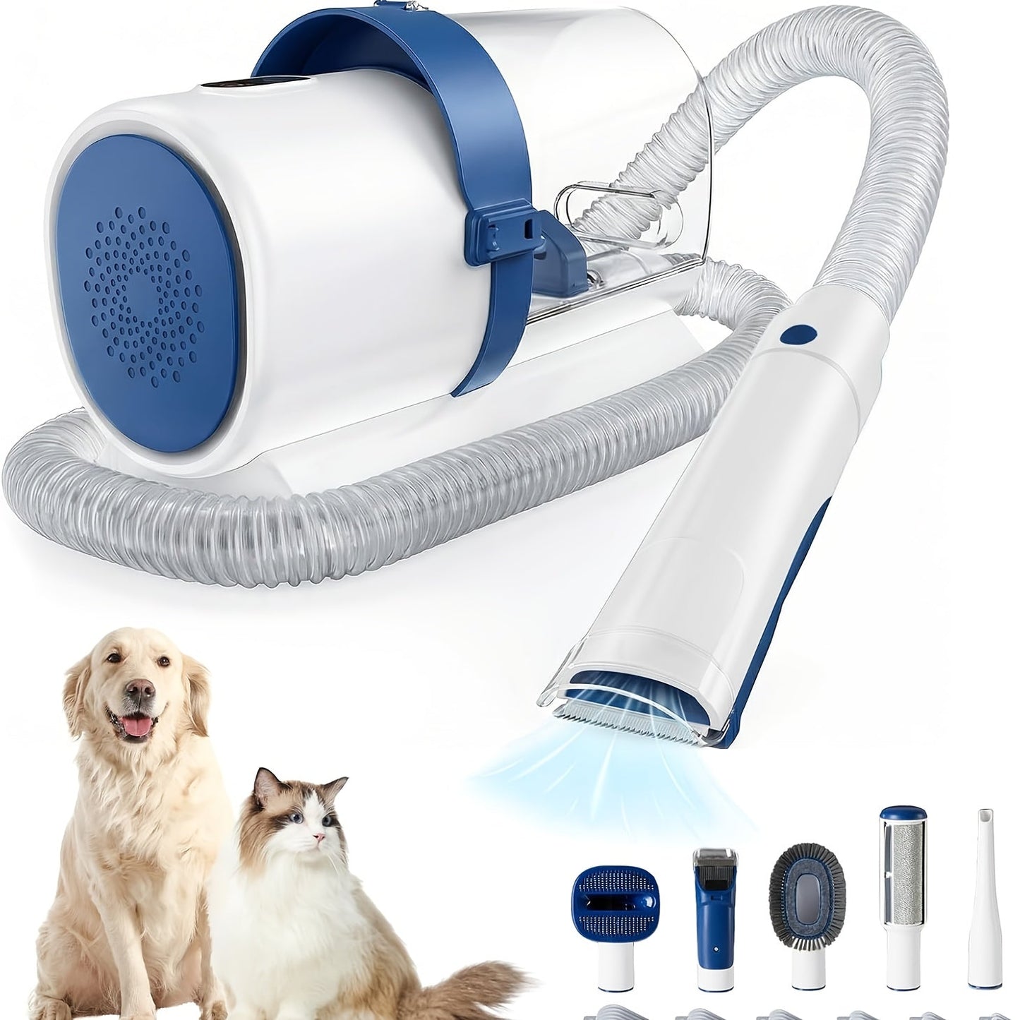 Pet Grooming Vacuum Kit 5-in-1 Professional Clippers 99% Hair Suction 6 Guide Combs Multifunctional Dog Cat Grooming Tools White Blue Grey