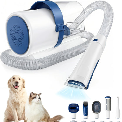 Pet Grooming Vacuum Kit 5-in-1 Professional Clippers 99% Hair Suction 6 Guide Combs Multifunctional Dog Cat Grooming Tools White Blue Grey