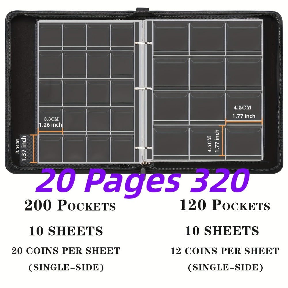 Coin Collection Book with Zipper & Handle 200/320 Pockets – 10/20 Page Coin Storage Album for Currency & Commemorative Coins, Fits 20/25/27/30mm Coins, Black & Blue