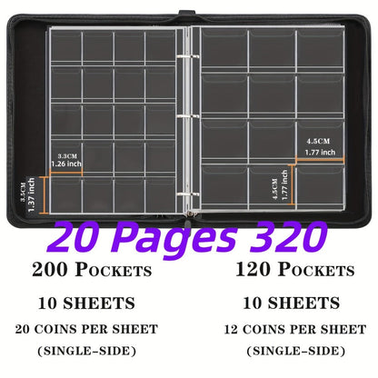 Coin Collection Book with Zipper & Handle 200/320 Pockets – 10/20 Page Coin Storage Album for Currency & Commemorative Coins, Fits 20/25/27/30mm Coins, Black & Blue