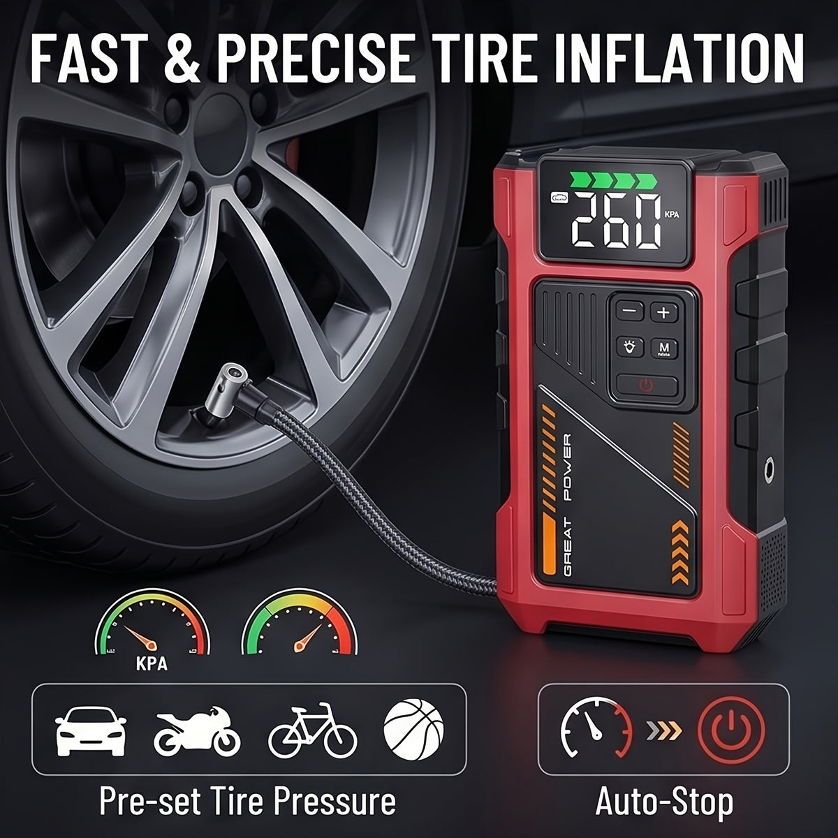 9-in-1 Portable Jump Starter with Air Compressor, 12V Car Battery Jump Starter, Portable Car Battery Charger, Fits 2.11gal Gas/ 1.72gal Diesel Fast Car Starting, USB Input & Output, LED Emergency Light, Auto Accessory Tool, Christmas Gift