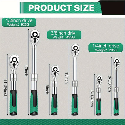 3-Piece Extendable Ratchet Set - 1/4 3/8 1/2 Inch Extendable Socket Wrench, 72-Tooth Quick-Release, Soft Grip Handle, Reversible Gear Torque Spanner - For Mechanics & DIY Enthusiasts - Ideal for Automotive & Home Repairs
