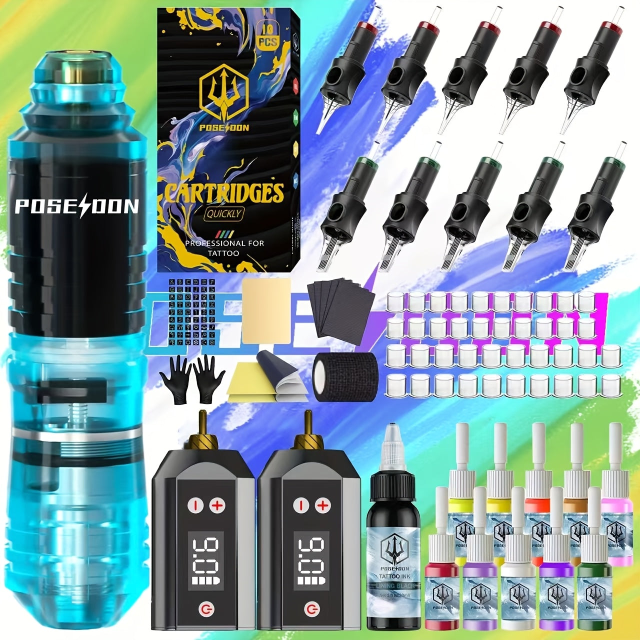 Tattoo Pen Kit Complete Beginner Set - Wireless Battery Tattoo Pen 1400mAh LCD Screen, 10pcs Cartridge Needles, 11 Color Inks, Power Supply, Coreless Motor Low Noise, Tattoo Gun Kit for Beginners