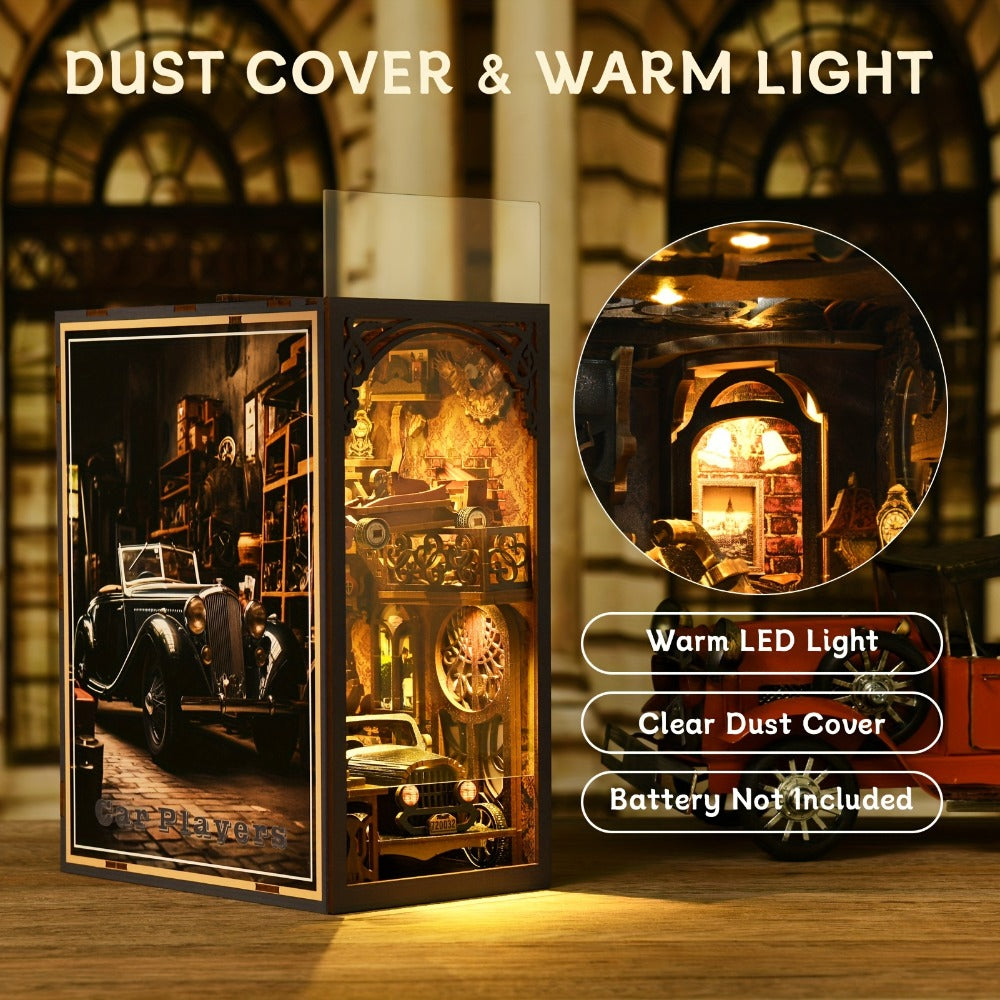Book Nook Kit DIY – Car Players 3D Wooden Bookshelf Insert with LED Light, Vintage Alley Miniature Scene, Creative Craft Model Building Set, Unique Birthday Gift for Book Lovers Adults Teens